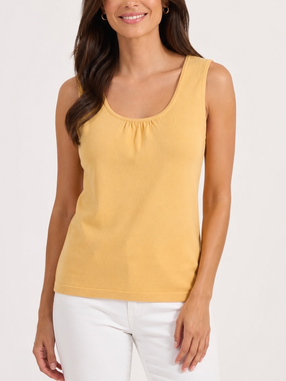 Chico’s Size 1 Gold Sleeveless Knit Tank Top Gathered Neck‎ Stretch Shell Career